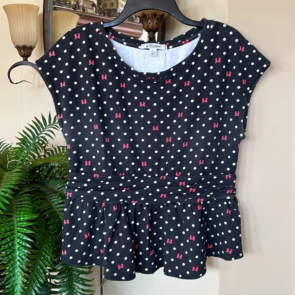 Disney Parks Minnie Mouse Bows Black w/ White Polka Dots Peplum Top Ruffle